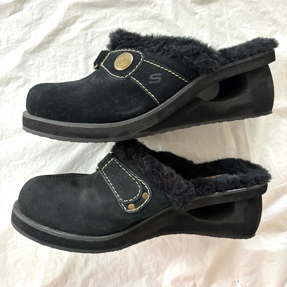 NWOT Skechers Black Suede Faux Fur Clogs VTG 90’s Rave Y2K chunky SZ 7.5 - Picture 3 of 12